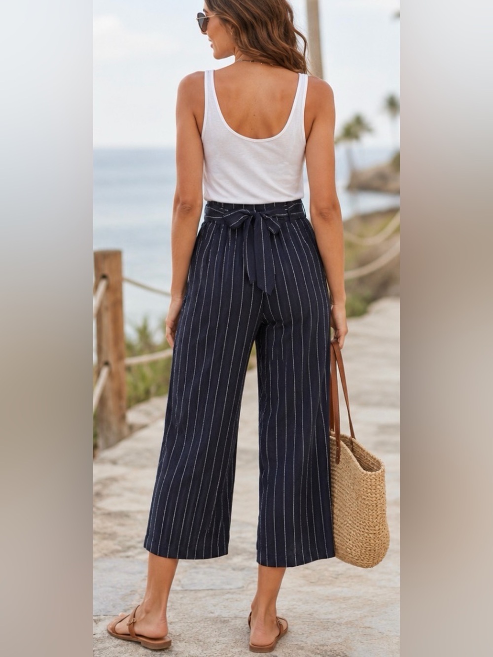 Aritzia Wilfred Faun Pant Size Small Stripe Crop Tie Back Wide Leg Summer Casual